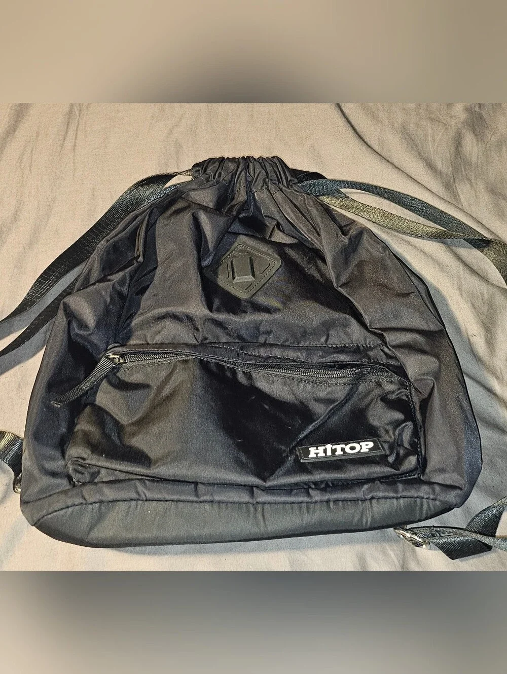 HiTop Black Drawstring Backpack With Pockets Adjustable Straps Hiking, Sports